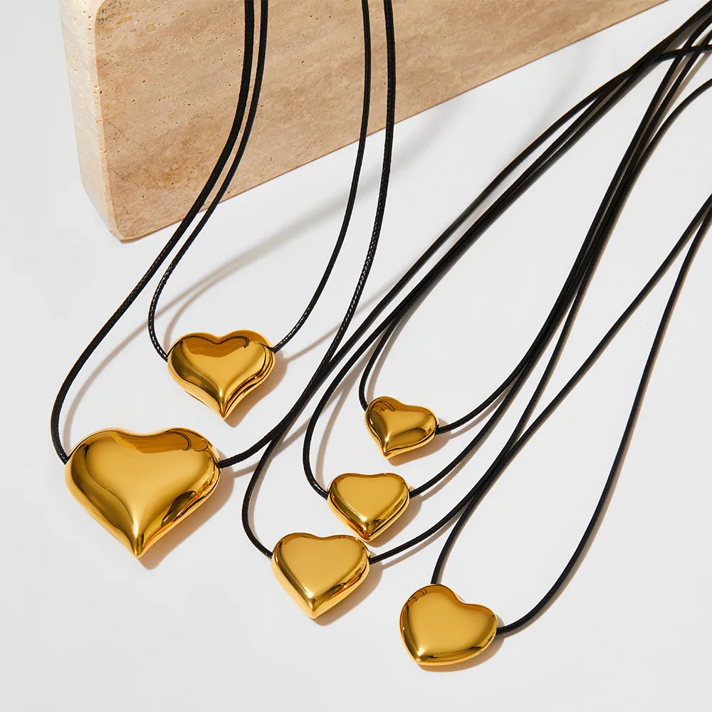 Waterproof 18k Gold Jewelry Black Cord Slider Clasp Gold Smooth Circle Heart Star Water Drop Pendant Necklace