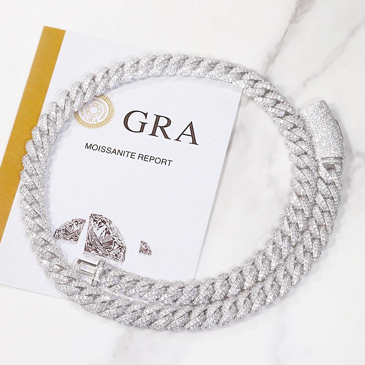 GRA Certificate 6mm 13mm D Color VVS Moissanite Cuban Chain Iced Out Cuban Link Chain Gold Plated 925 Sterling Silver Necklace