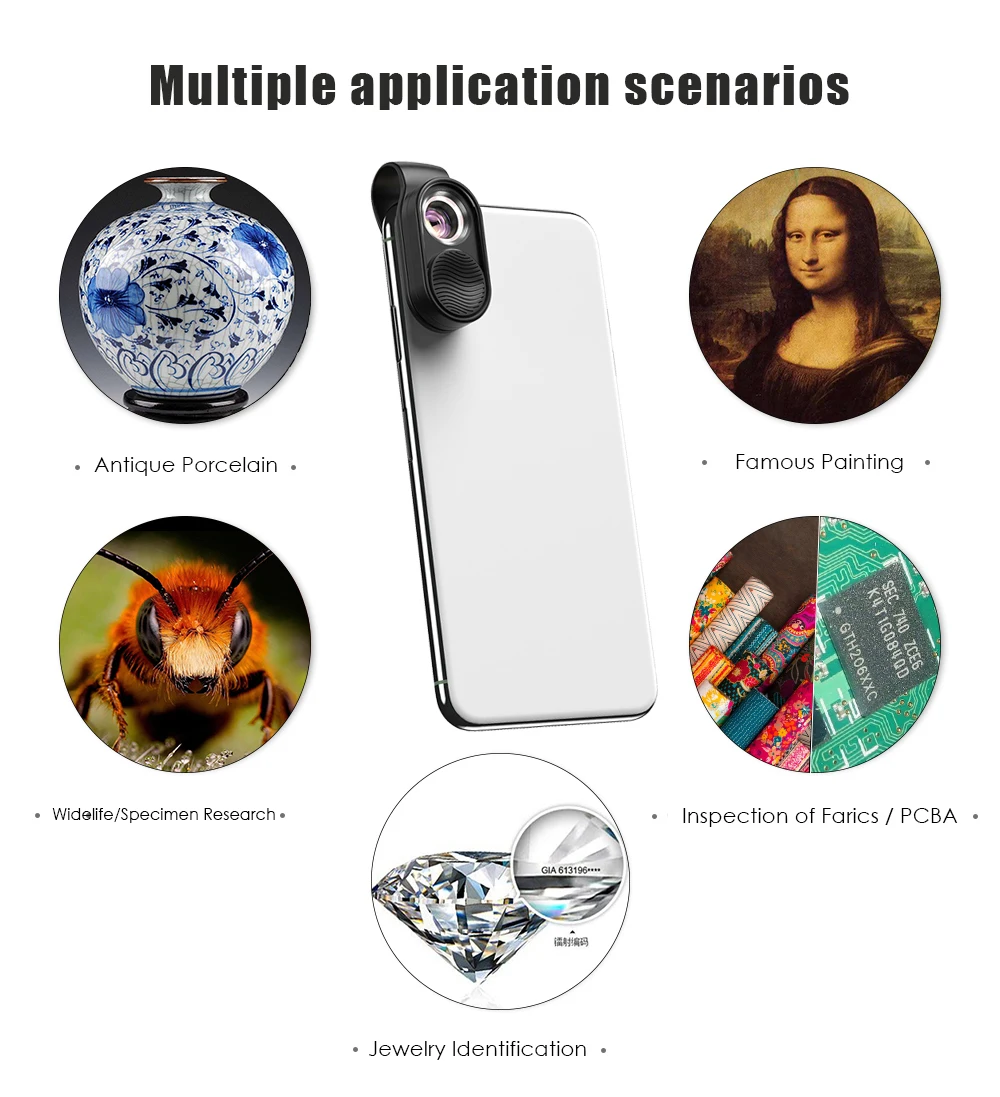 
Apexel 100X cell phone microscope lens for smartphone, mini mobile phone magnifier with LED light, 