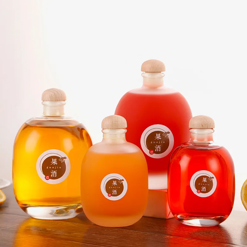 250ml 500ml Clear Liquor Gin Rum Storage Bottle Juice Whiskey Glass Bottle Round Frosted Vodka Gin Spirit Glass Bottle With Cork