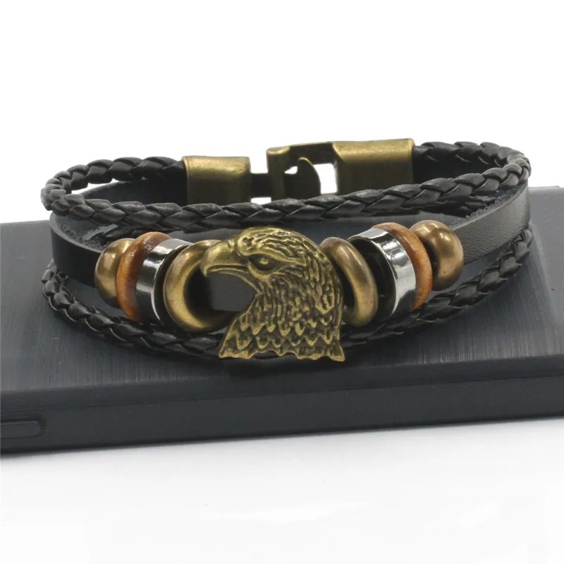 Leather Alloy Vintage Strap Wristband  Eagle Head Multilayer Knitting bracelet AYB006