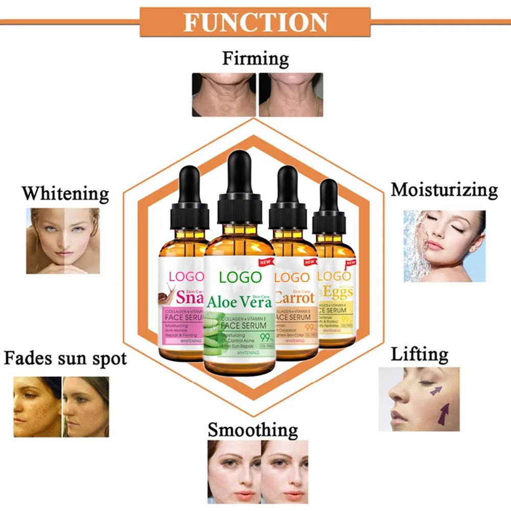 Private Label 99% Aloe Vera Carrot Snail and Eggs Whitening Face Serum Set with Vitamin E and Collagen