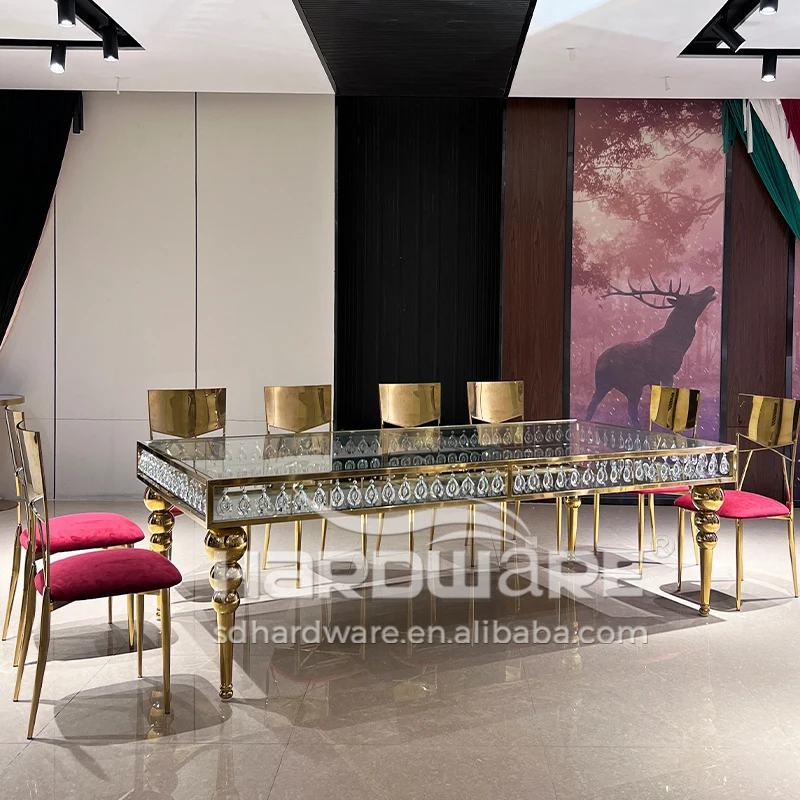 Stainless steel frame crystal decor luxury wedding dining square tables