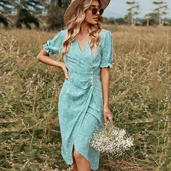 2022 New Arrival Green V-neck Low-cut Bowknot Short-sleeved Waist Closed Full-swing Dress Light Gauze Skirt