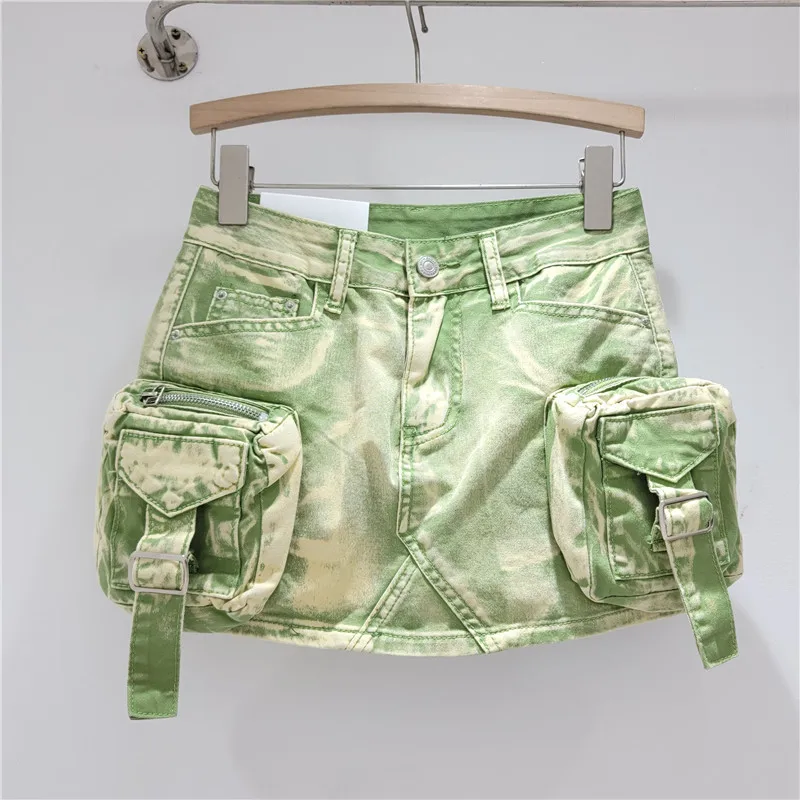Vintage Denim Shirts Cargo Skirt Fashion Low Waist Mini A-line Jean Skirt With Pockets For Women
