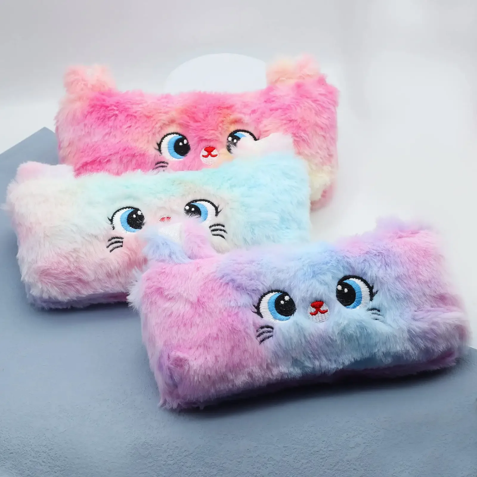 Plush Cat Pencil Case Cute Gradient Colorful Pen Bag Soft Makeup Pouch Coin Purse Storage Stuffed Animal Bag for Women Office