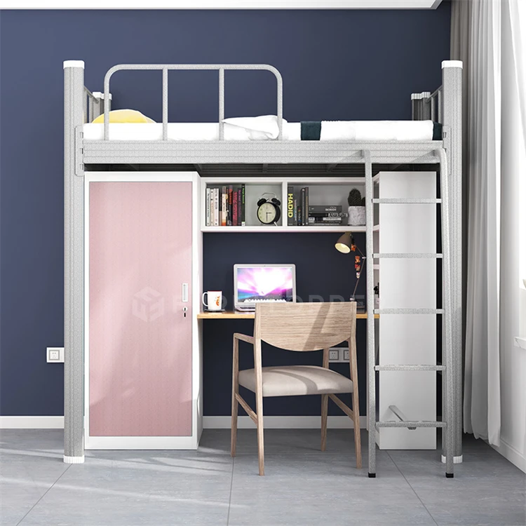 Dorm Metal Bunk Bed Full Size Steel Loft Bed with Desk and Wardrobe for Teens Adults Bedroom