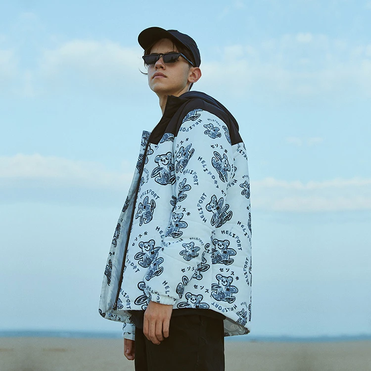 Wholesale Bear Print Anime Women Clothing Korean Winter Thick Custom Logo Padding Colorful Puffer Zip Coat Jacket Men
