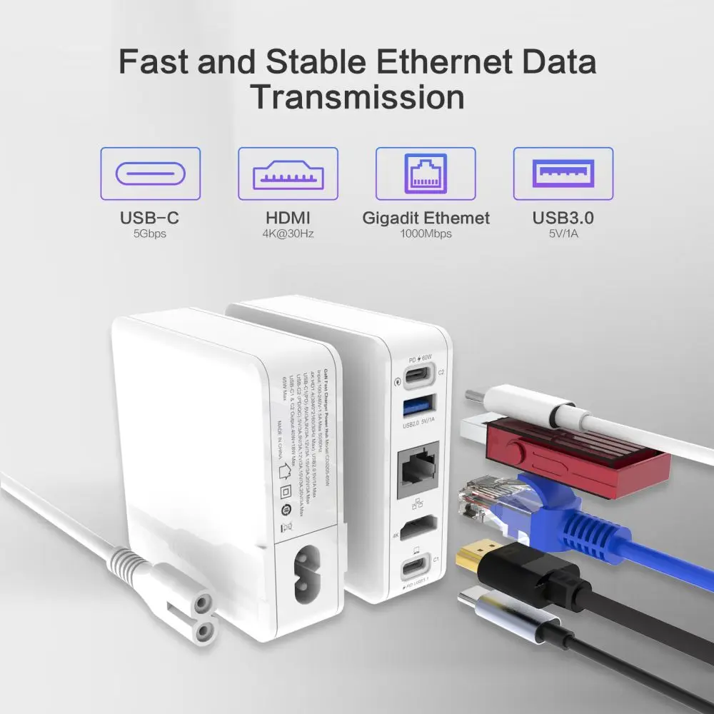 USB C PD QC Fast Charger 65W GaN Powerhub 5 ports Type-C HDMI USB3.0 RJ45 USB C Docking Station