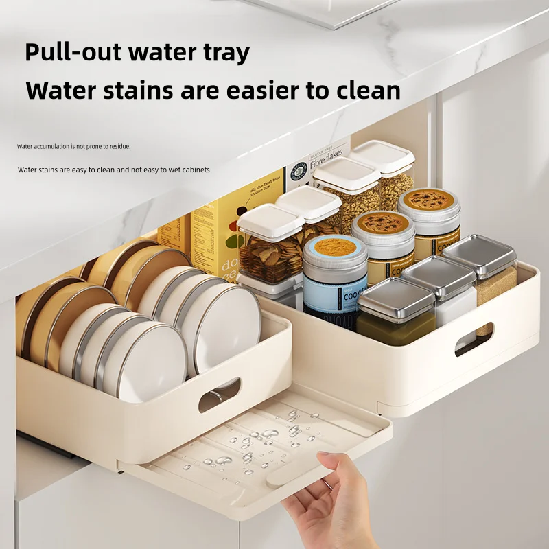Stainless Steel Kitchen Dish Storage Rack Cabinet under sink Pull-Out Basket Drawer Tray Spice Rack Cabinet Dishes Organizer