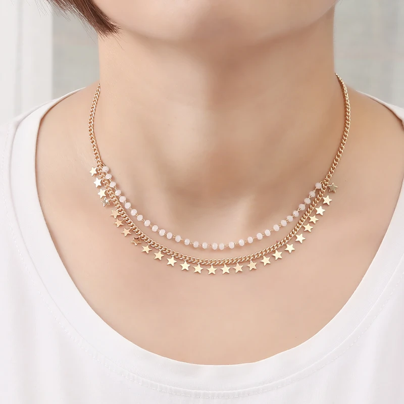 YiWu Supplier New Style Fashion Multi-Layer Beaded Cuban Chain and Star Drop Pendant Custom LOGO Necklace for Women Wholesale