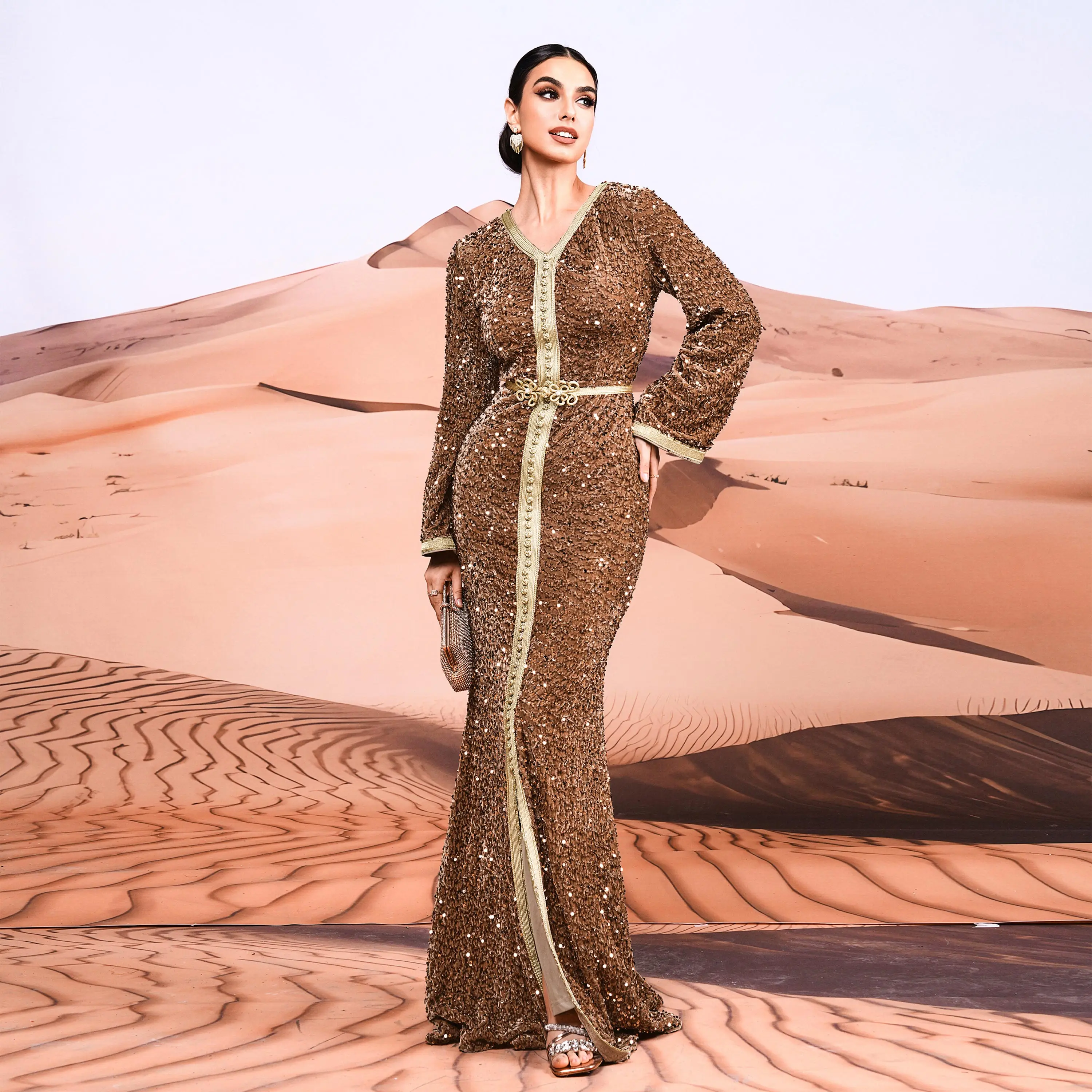 Long Sleeve Split Maxi Sequin Hijab Arabic Istanbul Moroccan Turkish Dubai Muslim Modest Evening Dresses for Women