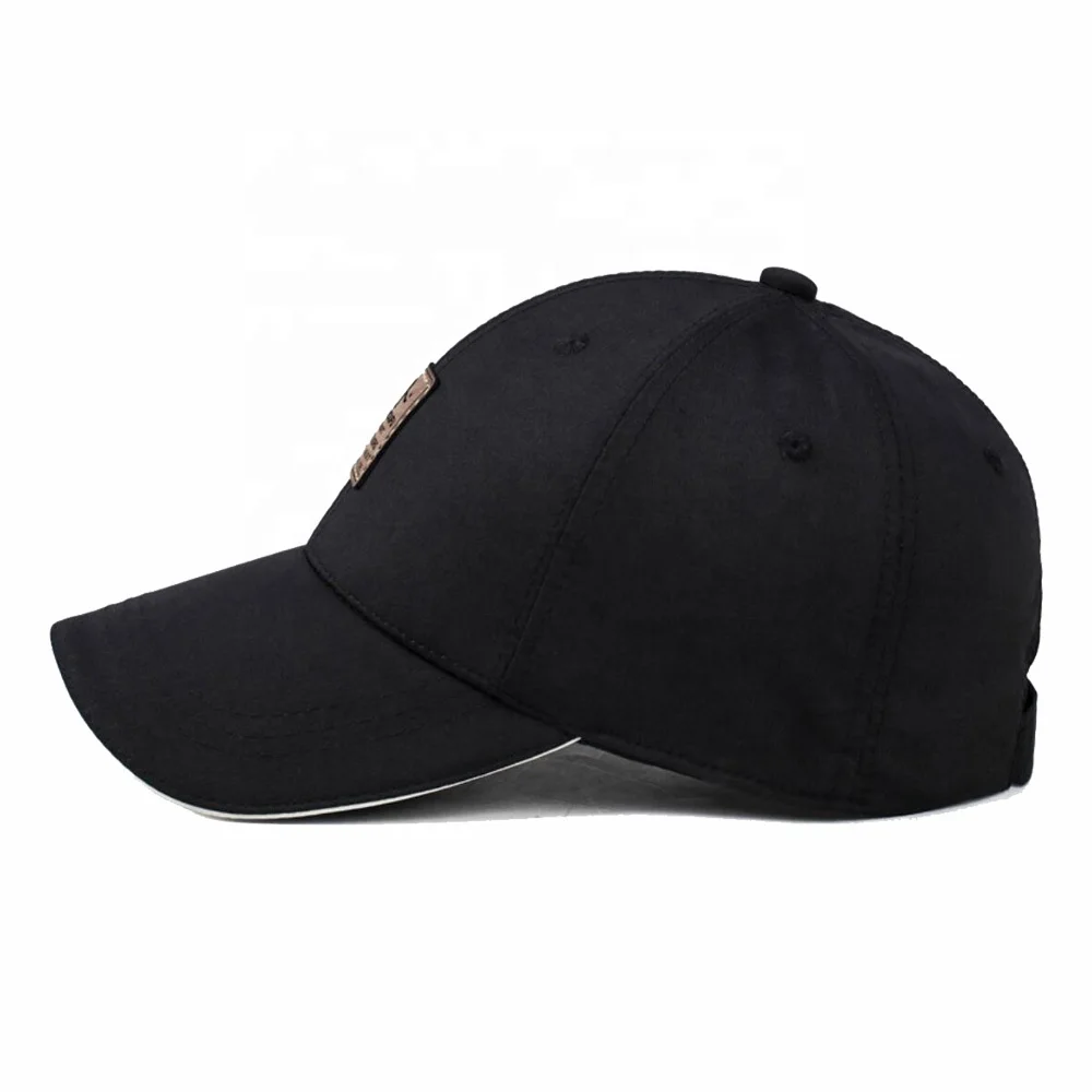 custom 58cm adjustable size black color cotton fabric classic sandwich brim baseball caps with quality leather patch logo
