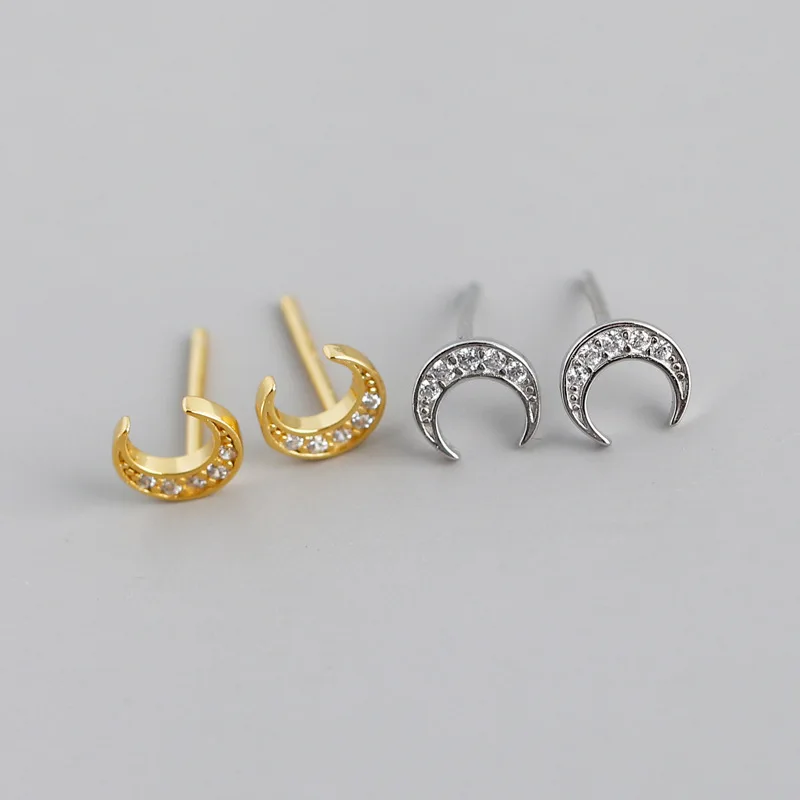 fashion 925 Sterling Silver Moon Earrings with White Zirconia Gold Plated Moon Shape Stud Earrings For Women Screw Back Earring