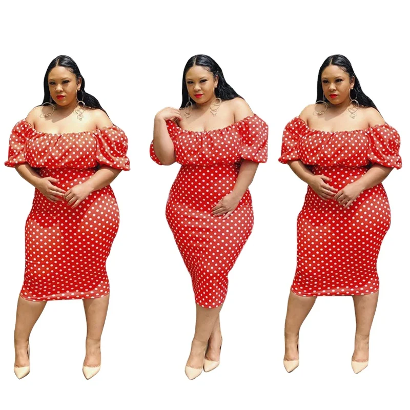 2021 summer Europe and the United States red spot printing lantern sleeve large sexy one-word shoulder fashion one-step skirt