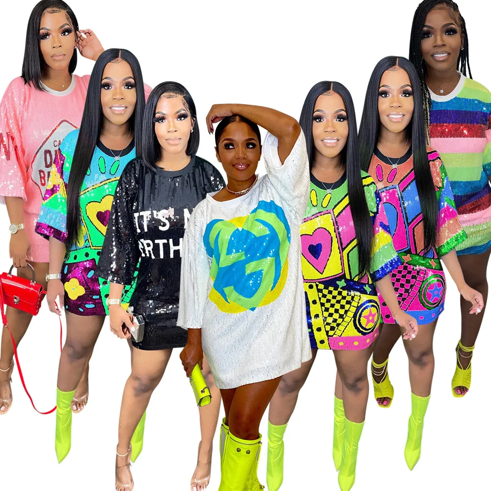 Fall 2023 Women Clothes Sequins Party Loose Dress Summer Fashion Print Round Neck Half Sleeve Mini Women Dress