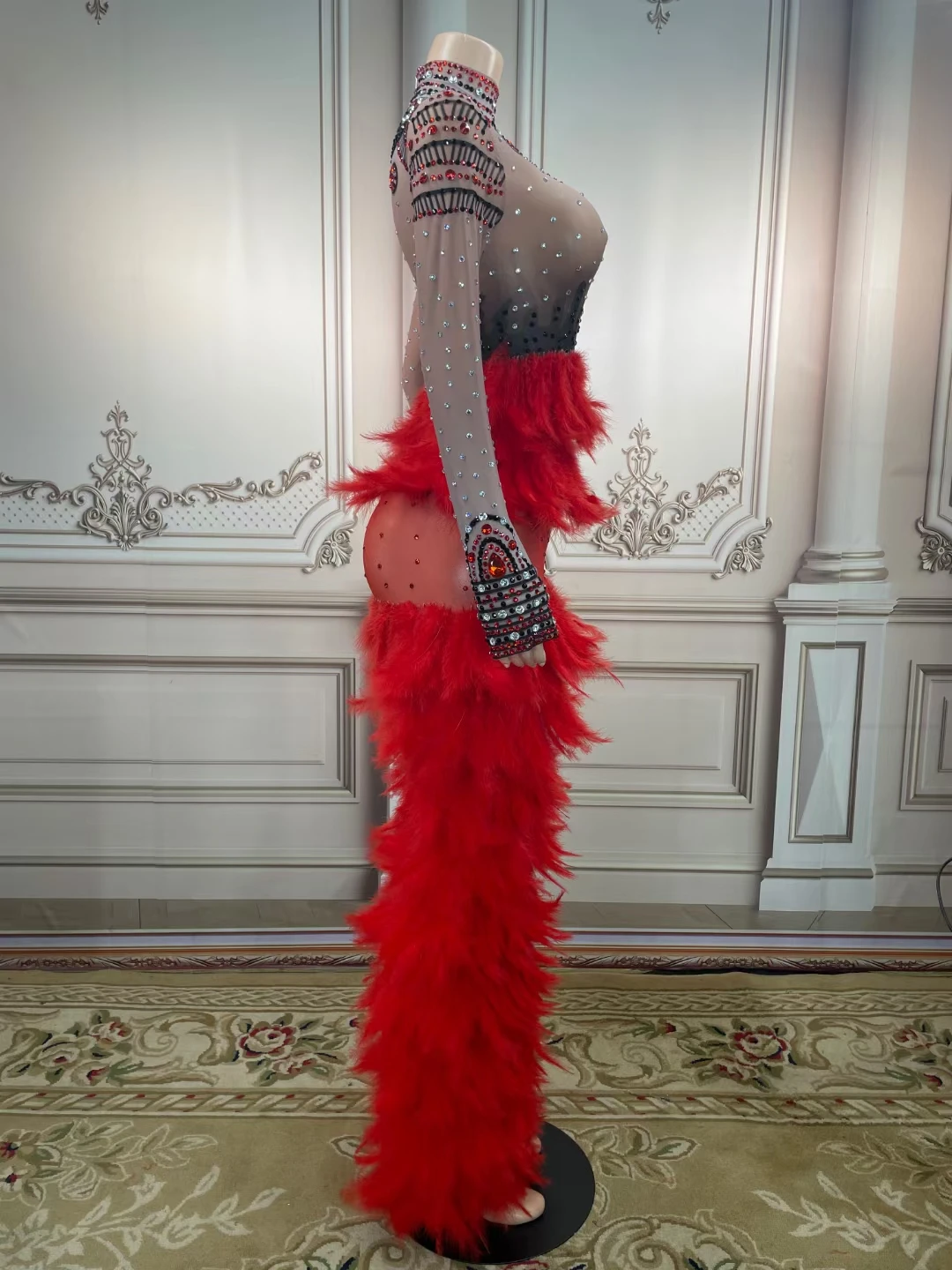 AD1447 Kimshein Women Fancy Long Sleeve Split Mesh Fabric Red Feathers Crystal Dress Party Evening Performance Clothing