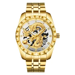 New Golden Mens Watches Top Brand Luxury Chinese Dragon Watch Business Full Steel Quartz Clock