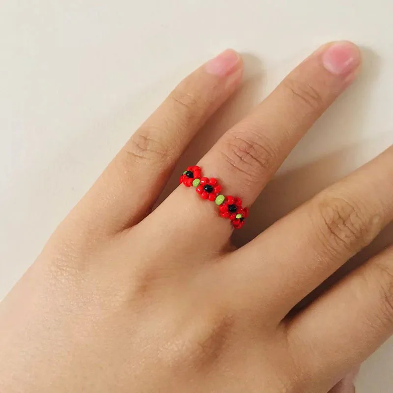 Amazon Hot Sale Summer Jewelry Trendy Boho Japan Miyuki Seed Beads Handmade Daisy Flower Stretch Adjustable Rings For Women