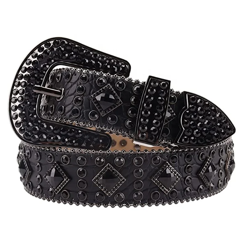 TENGMEI Sparkly Western Cowboy Black Rhinestone Concho Belts For Men Women Diamond Studded Crystal Belt Strap Vendor