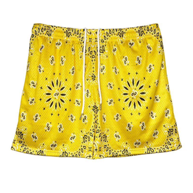 High quality wholesale pattern polyester 5 inch inseam basketball mens paisley custom double layer mesh shorts with drawstring