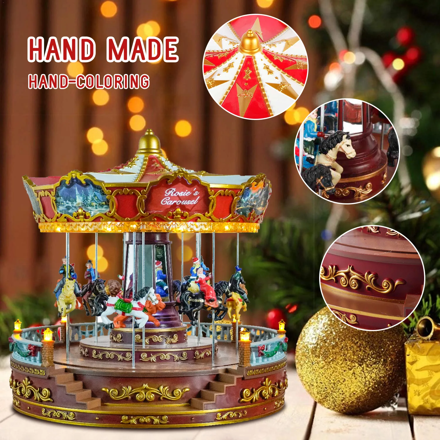 2023 New Arrivals Christmas Ornaments Large Led Christmas Music Carousel Resin Crafts Kids Gifts Home Ornaments