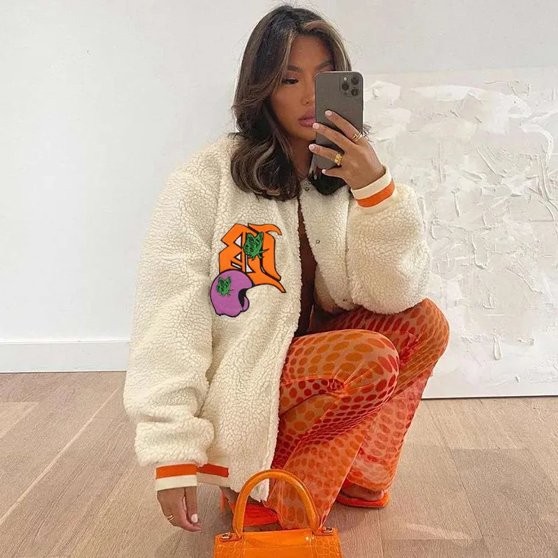 Plush Casual Cardigan Sweater For Women Fall Warm Letter Print Loose Coat Long Sleeve O Neck Winter Jacket