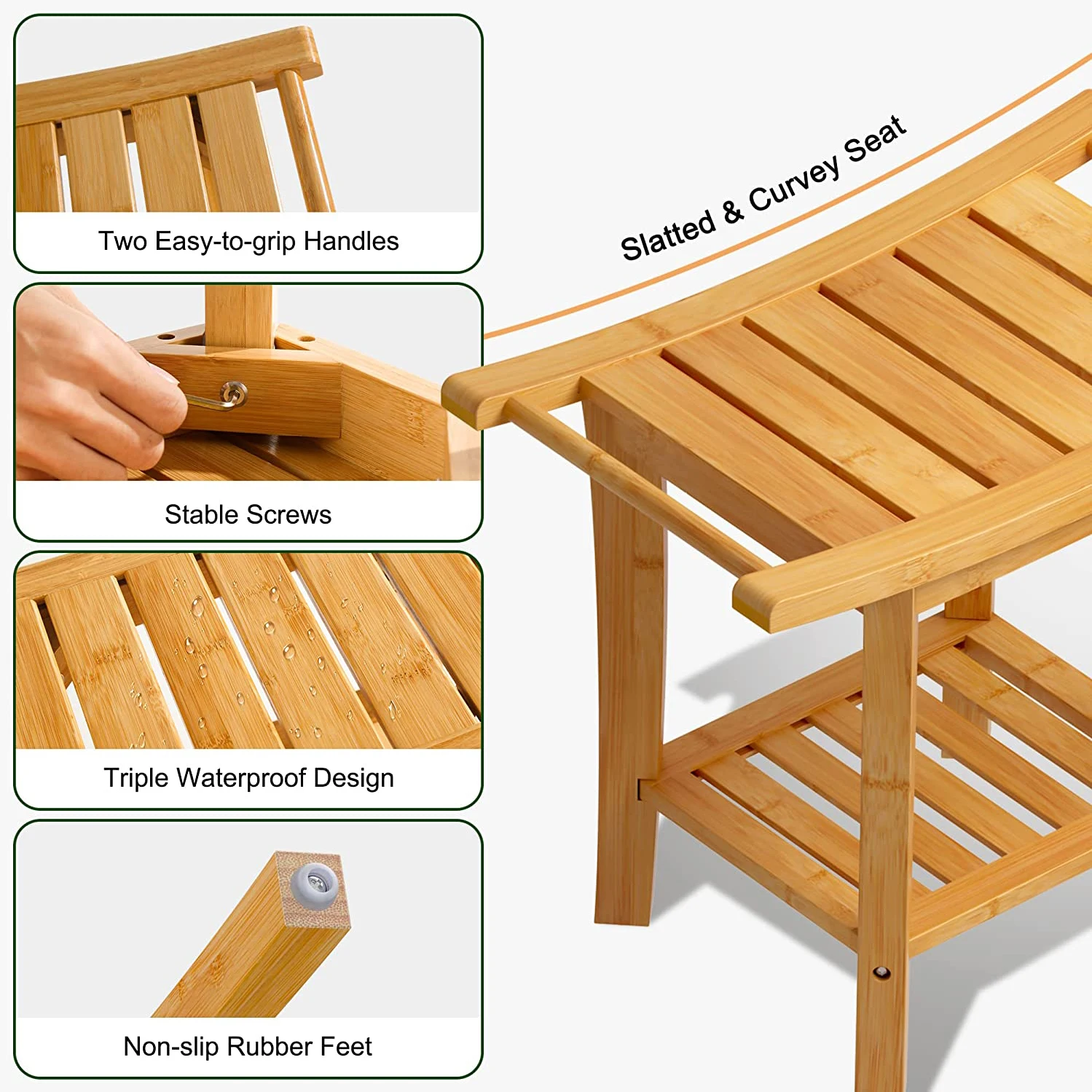 Inside Shower Seat Chair Non-Slip Feet 2-Tier SPA Shower Stool Bamboo Shower Bench for Bathroom