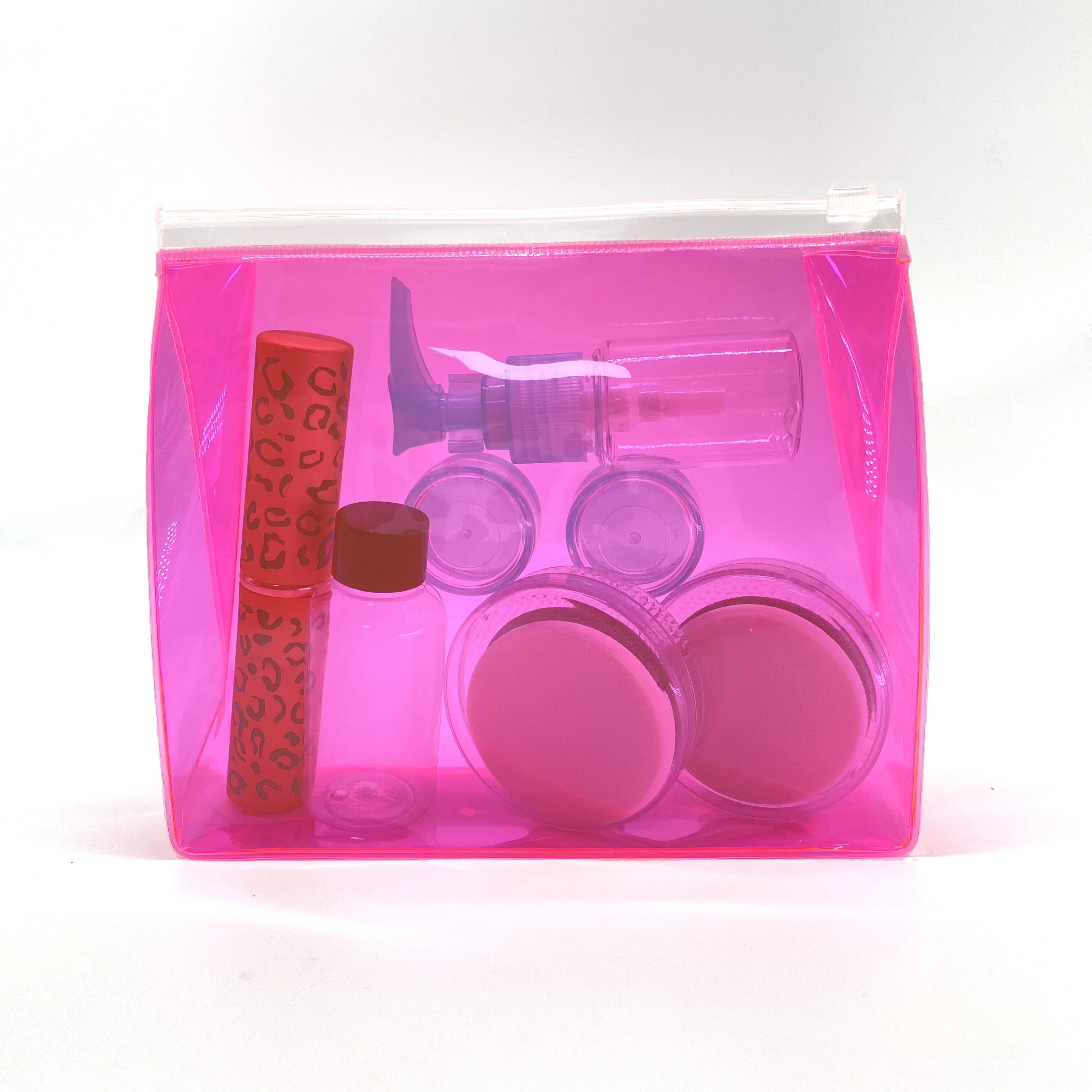 Clear pink pvc cosmetic makeup bag Custom printed standup pouch bag with zipper Holographic jelly bag