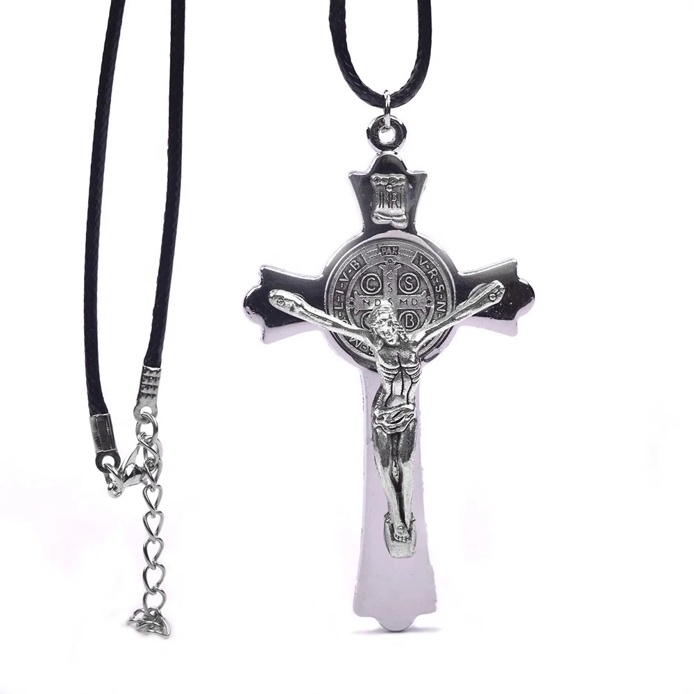 Catholic Unisex Rosary Necklace with Big Cross Saint Benedict Crucifix Religious Rope Cord Chain for Gifts Weddings Parties