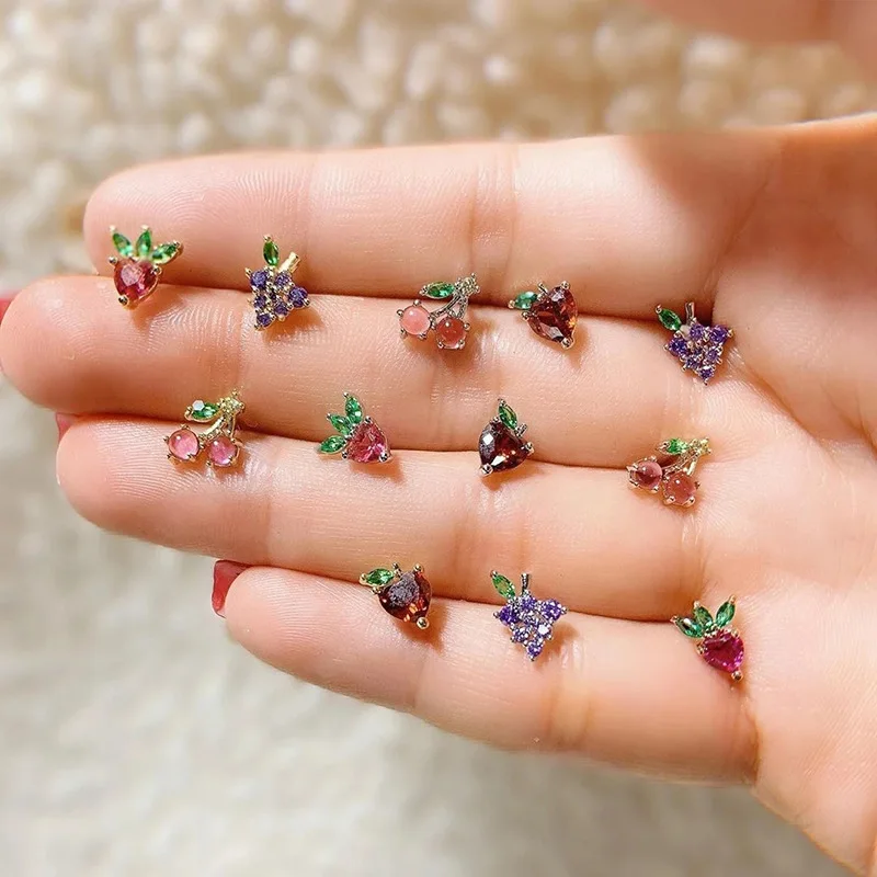 Cute INS Female Cute 925 Silver Needle Earings 18k Tropical Fruit Zircon Small Jewelry Earrings