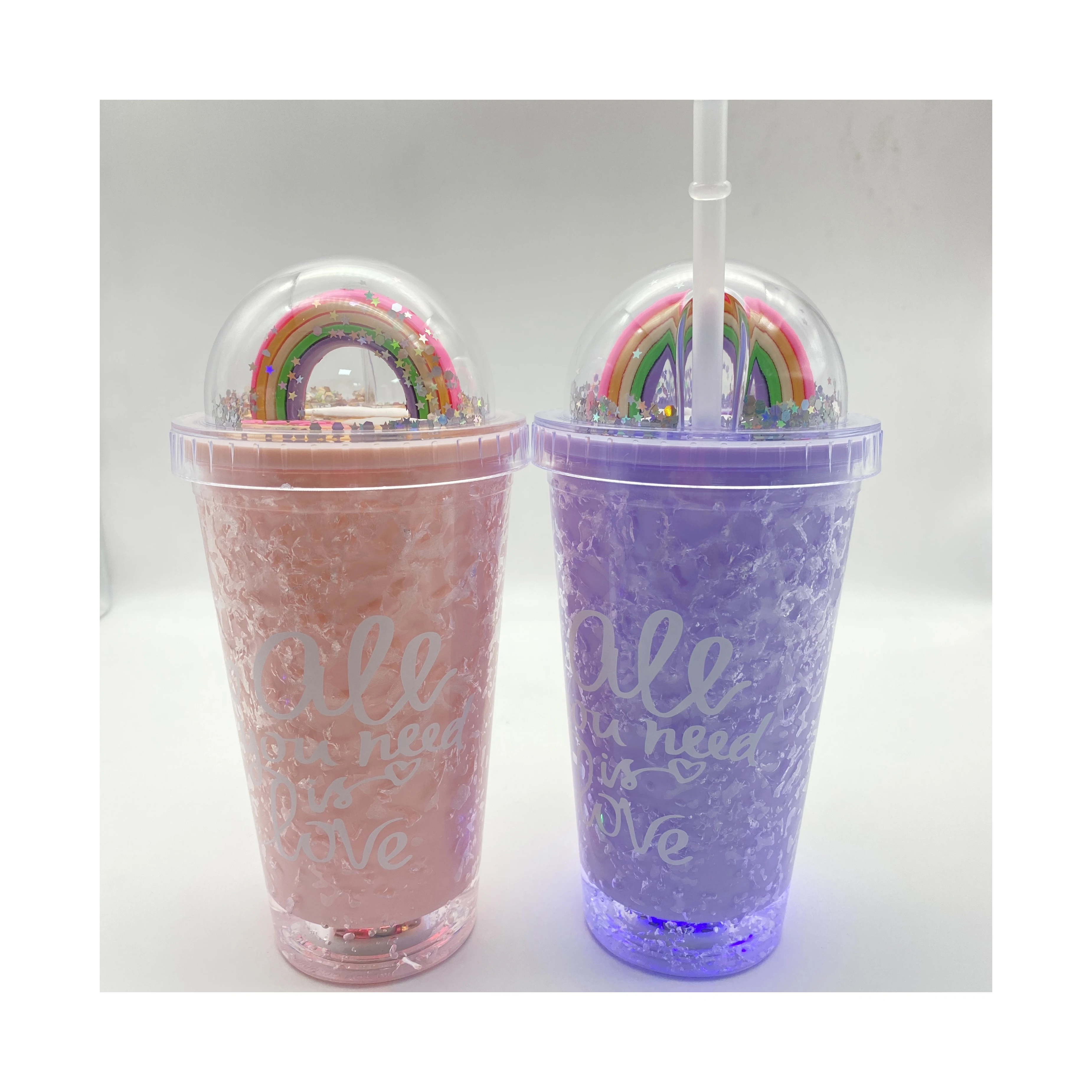 Glitter Color Plastic Cold Drink With Closed Dome Lids Fancy Smoothie Plastic Cup