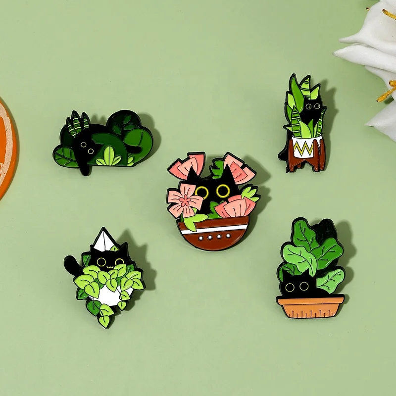 Cats in Plants Enamel Pins Custom Black Cat Potted Plant Brooches Lapel Badges Fun Animal Plant Jewelry Gift for Kids Friends