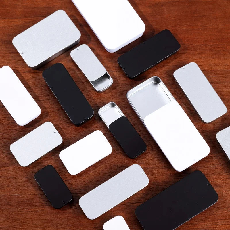 Custom Design Logo Small Rectangle Tin Case Metal Tin Can Box Mint Cosmetic Solid Perfume Brow Soap Lip Balm Slide Tin Box