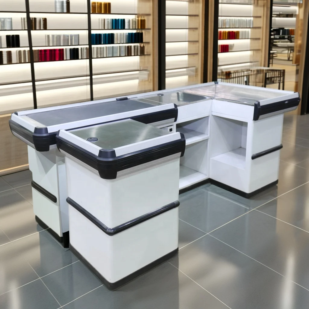 Electric Metal Supermarket Cashier Counter/Cashier Desk/Checkout Counter With Conveyor Belt Retail Store Checkout Counter