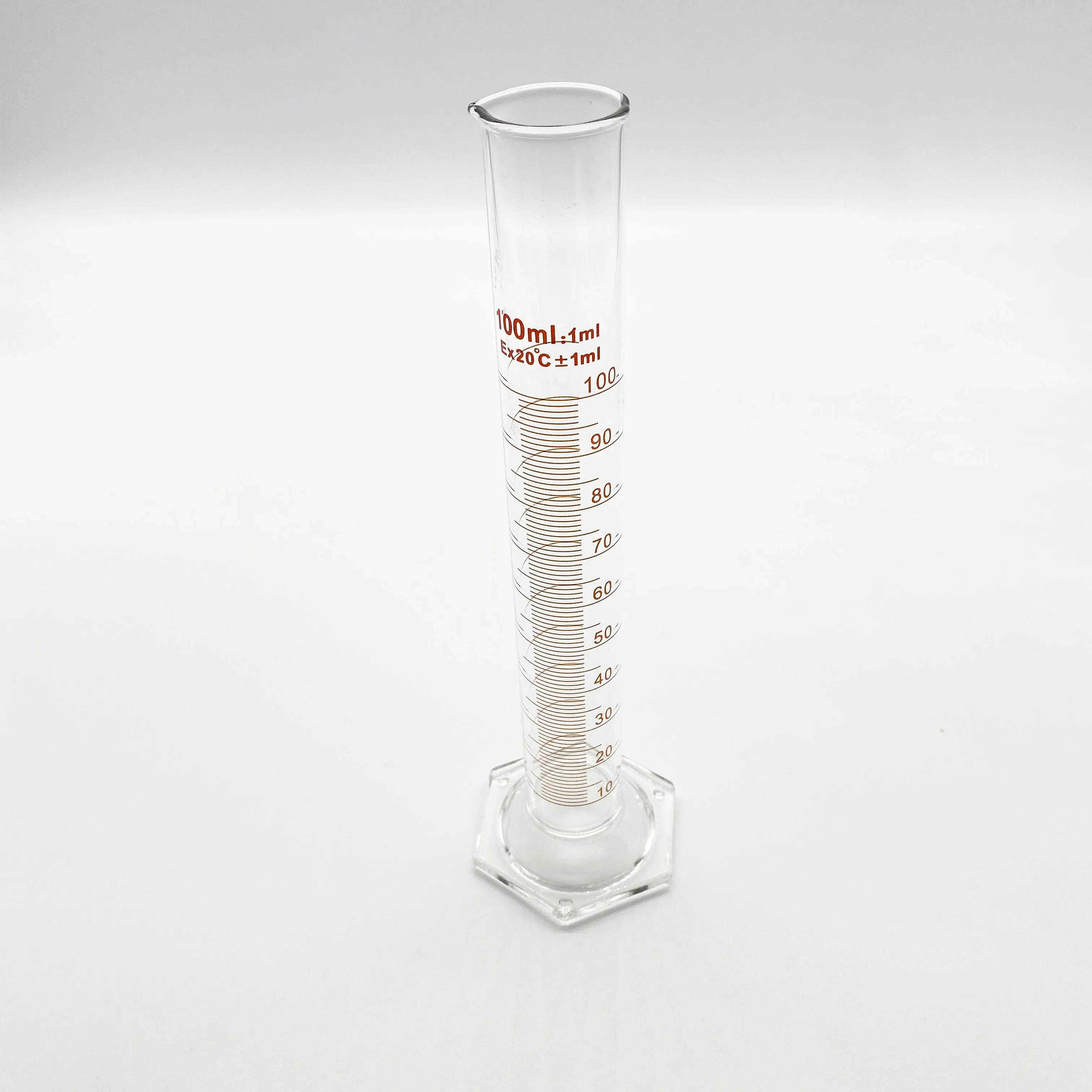 
China Manufacturer Good Price Glass / Plastic Stopper Hexagonal Base Measuring Cylinder 
