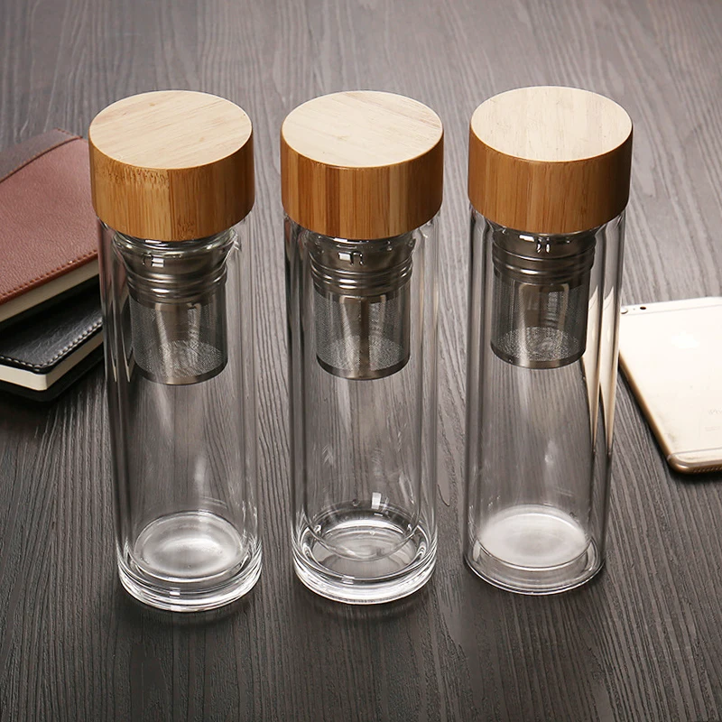 Eco-friendly Double Wall High Borosilicate Glass Water Bottle Insulated Tea Infuser Straight Tumbler Tea Cup With Bamboo Lids
