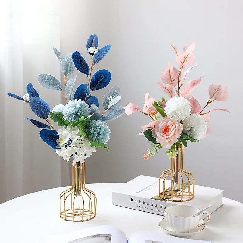 Modern Minimalist Metal Iron Art Line Geometric Decorative Gold Silhouette Clear Glass Small Test Tube Flower Bud Vase
