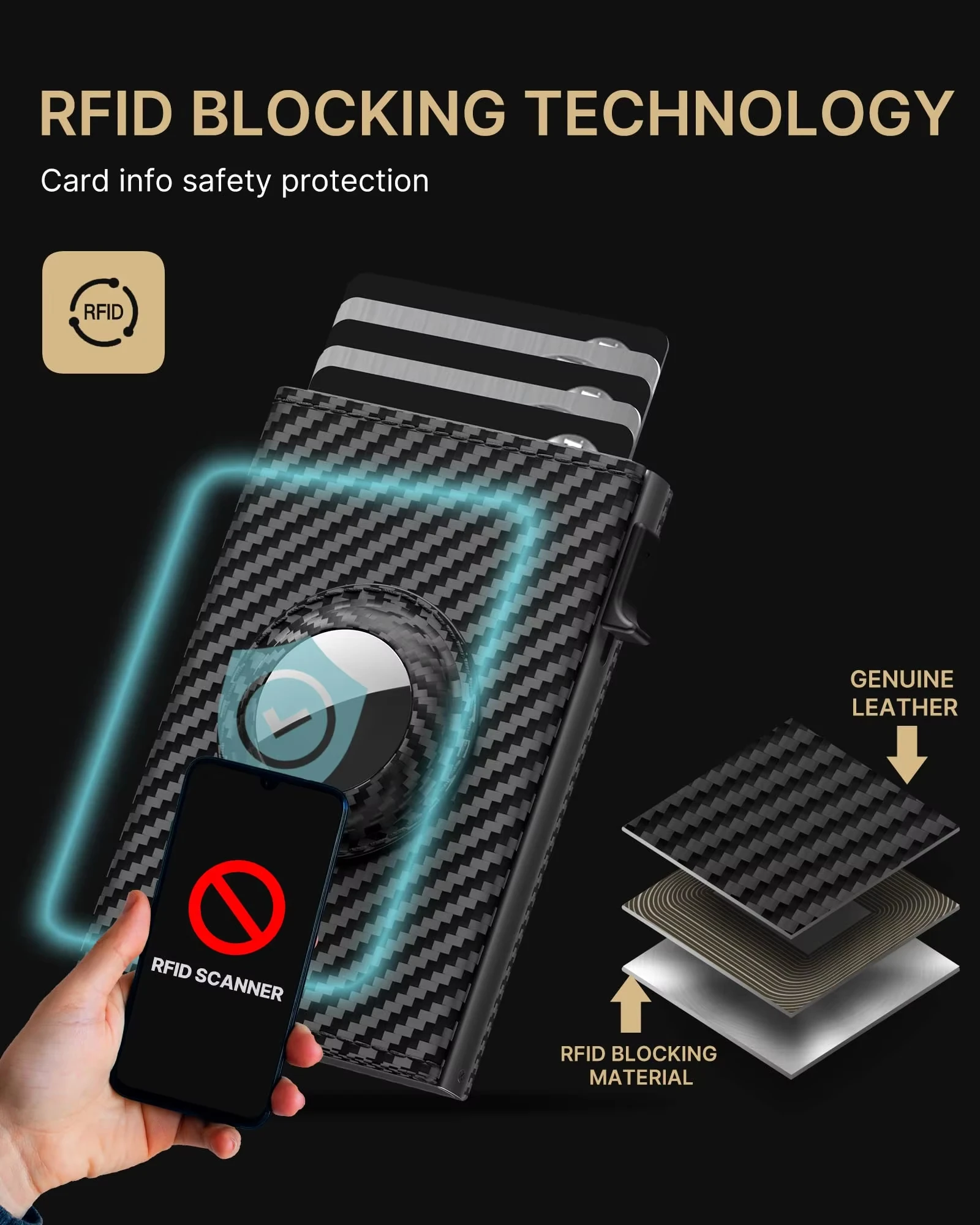 Custom Logo RFID Blocking Pop Up Credit Card Holder Wallet Slim Carbon Fiber PU Leather Metal Aluminum Mans Tri-fold Wallet