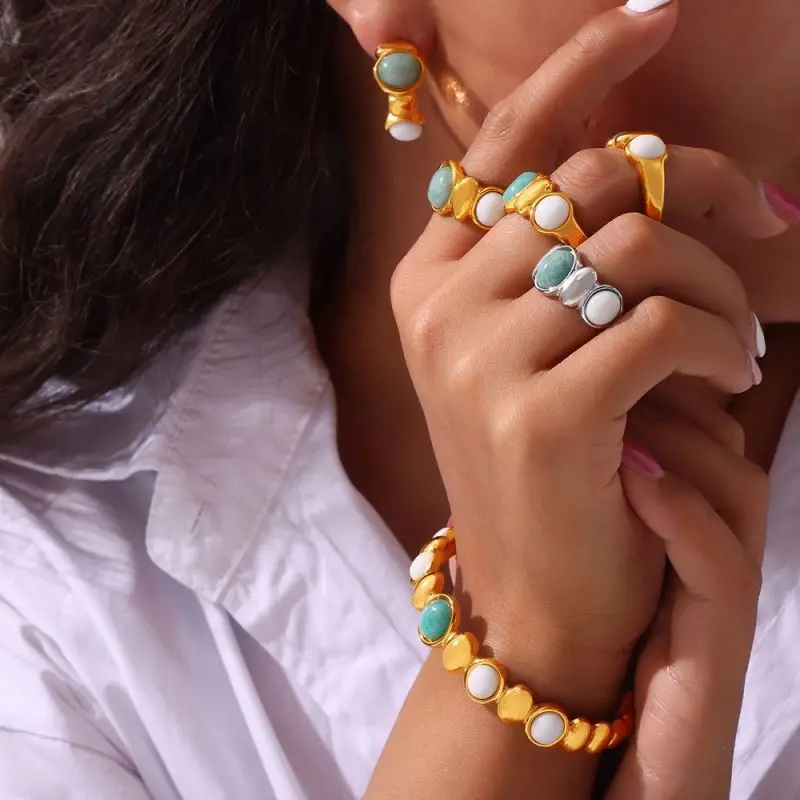 Gold Plated Stainless Steel C Shape Oval Azurite White Jade Natural Stone Cuff Bangles Bracelets Stud Earrings Ring Jewelry Set
