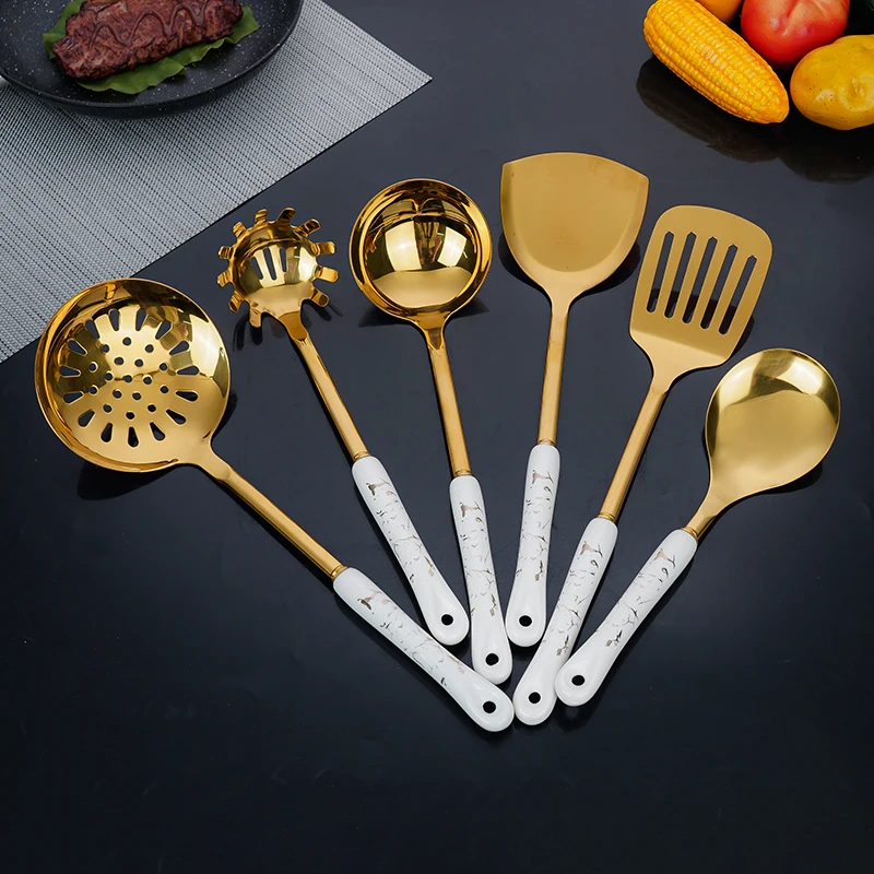 Gift Kitchen Cooking Tools Ceramic Handle Stainless Steel Gold Utensil Special Set With Storage Holder