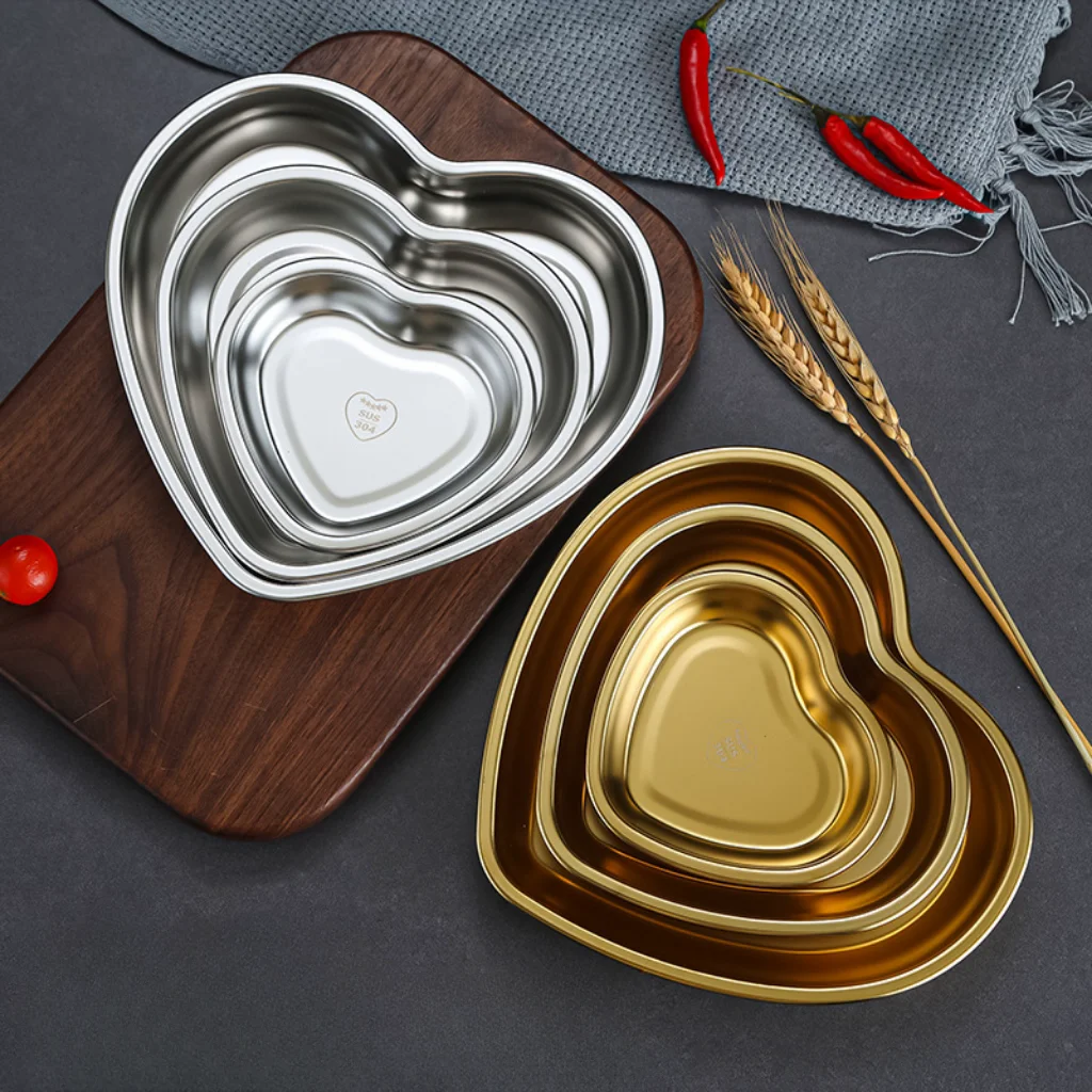 New Style Metal Dinnerware Serving Dishes Gold Silver Heart Shaped Stainless Steel Tray