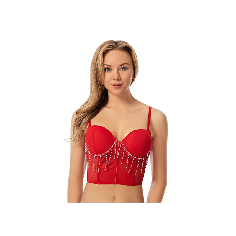 Custom Ladies rhinestone red mesh corset top lingerie women high quality push up bra bustier top