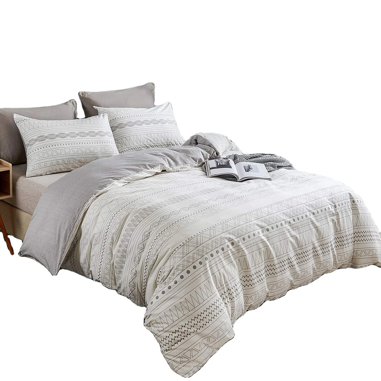 Grey Stripe Boho Duvet Cover Set Queen, 3pcs Ultra Soft Breathable Aztec Cotton Comforter Cover with Zipper Ties