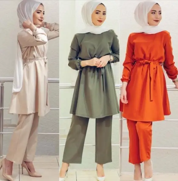 Muslim Abaya Woman Tops and Pants pleated Two Piece Set Dubai Turkey Kaftan IslamTraditional Muslim Clothing&Accessories