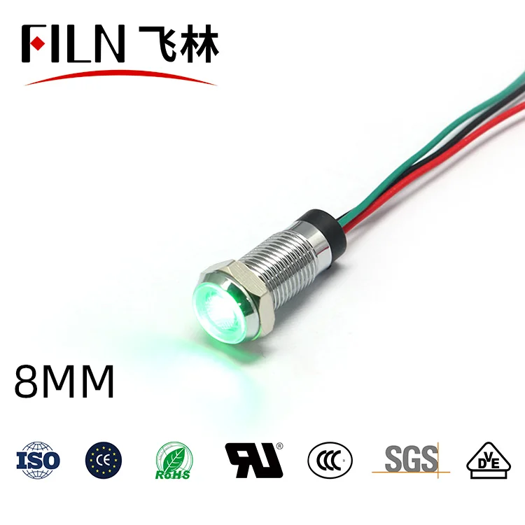 Pilot light dual color Flat head Red and green two color indicator light 8mm 20cm wires metal signal indicator lights