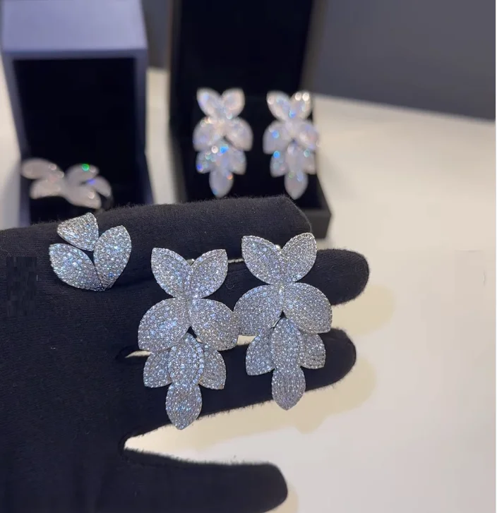 Micro Paved 5A Cubic Zirconia CZ Bloom Flower Leaves Shaped Ring Earring Fashion Silver Plated Jewelry Set