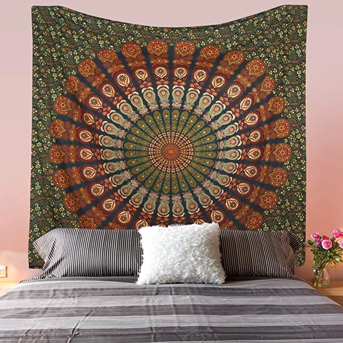 Psychedelic gold Blue peacock Mandala wall hanging bed tapestry