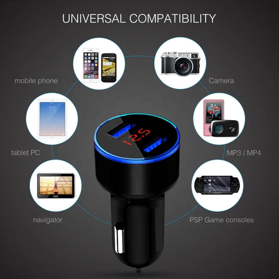 Car Charger Adapter 3.1A Digital LED Voltage/Current Display Auto Vehicle Metal Charger For Smart Phone/Tablet