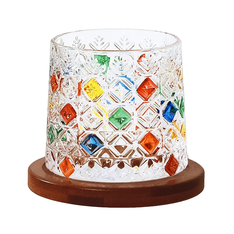 Handdrawn drum with wooden support, rotating pressure reducing whiskey beer beverage cup